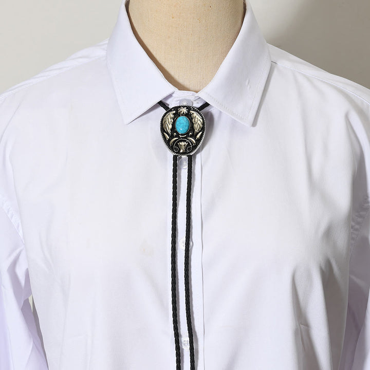 Cravatte Bolo ovali in metallo intagliato turchese, bianco e nero - image 1