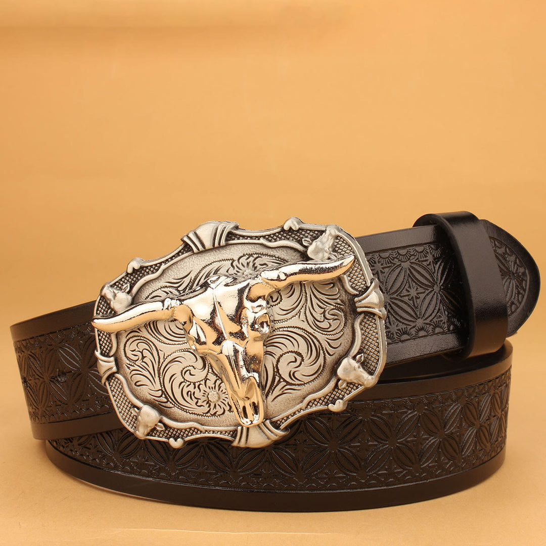 Cintura da uomo in stile western retrò con testa di toro in argento e goffratura nera - Testa di toro argentata - 38 - image 0