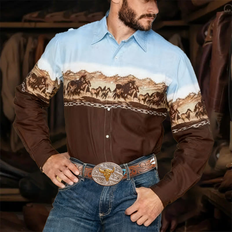 Camicia da uomo a maniche lunghe con stampa di cavalli da montagna retrò western - image 0