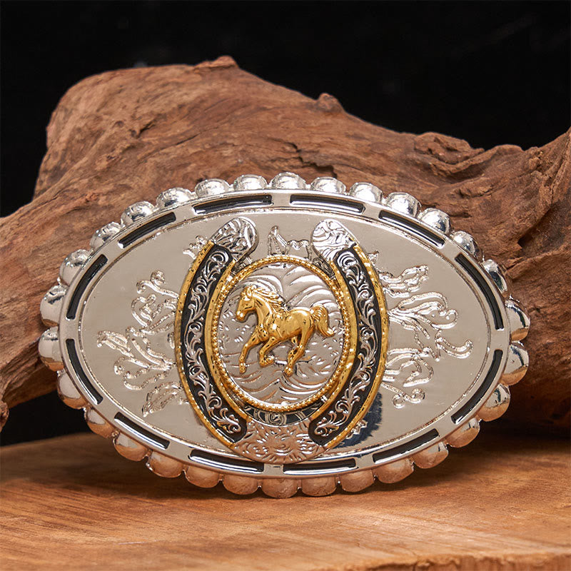 Cintura da uomo in pelle con fibbia a ellisse in argento dorato intagliato a forma di cavallo western - Senza cintura - Cintura non inclusa - image 0