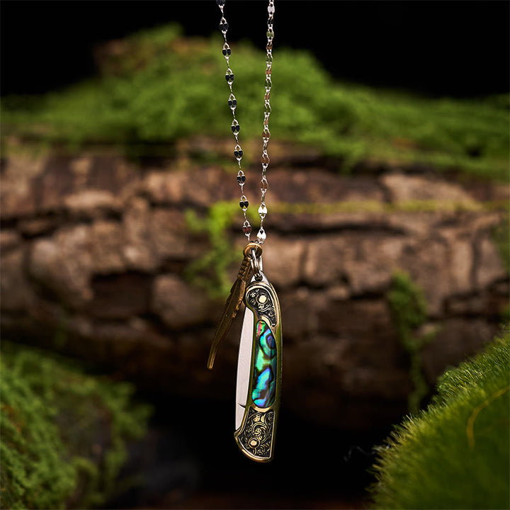 Collana con ciondolo a forma di piuma con coltello pieghevole per attrezzo da esterno - Ottone - image 4
