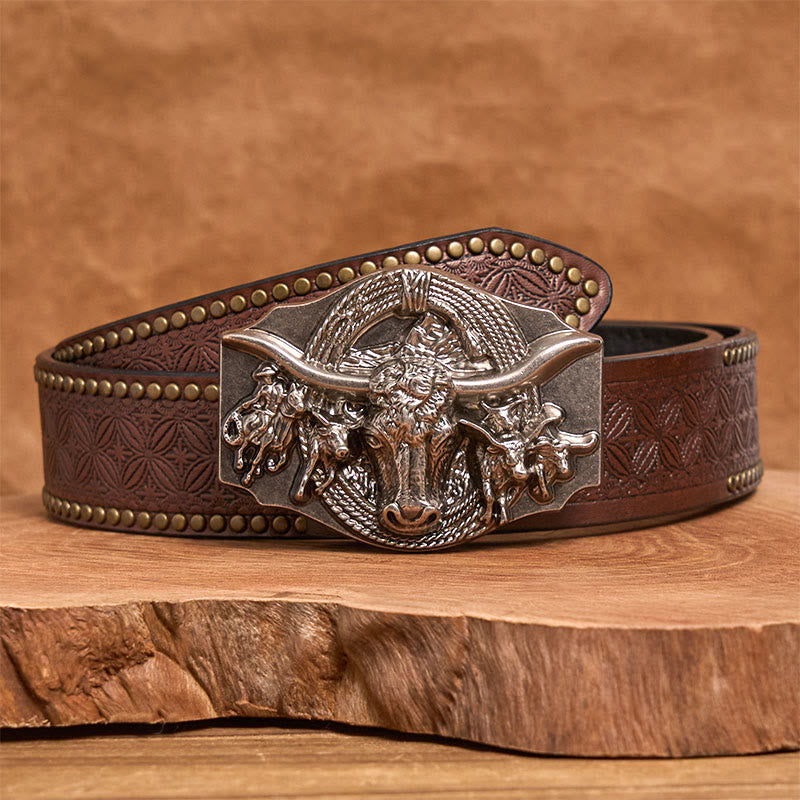 Cintura da uomo in pelle con fibbia a testa di toro color oro e argento in stile western - Argento - Cintura con rivetti marroni - 42 - image 9