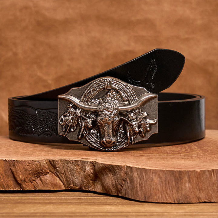 Cintura da uomo in pelle con fibbia a testa di toro color oro e argento in stile western - Argento - Cintura con aquila in rilievo nera - 42 - image 5