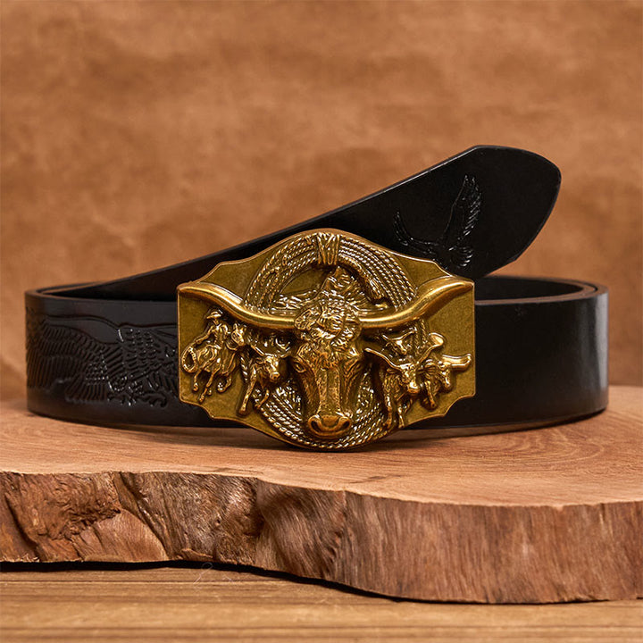 Cintura da uomo in pelle con fibbia a testa di toro color oro e argento in stile western - D'oro - Cintura con aquila in rilievo nera - 42 - image 4