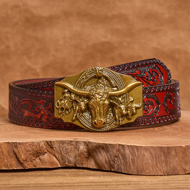 Cintura da uomo in pelle con fibbia a testa di toro color oro e argento in stile western - D'oro - Cintura marrone intagliata - 42 - image 12