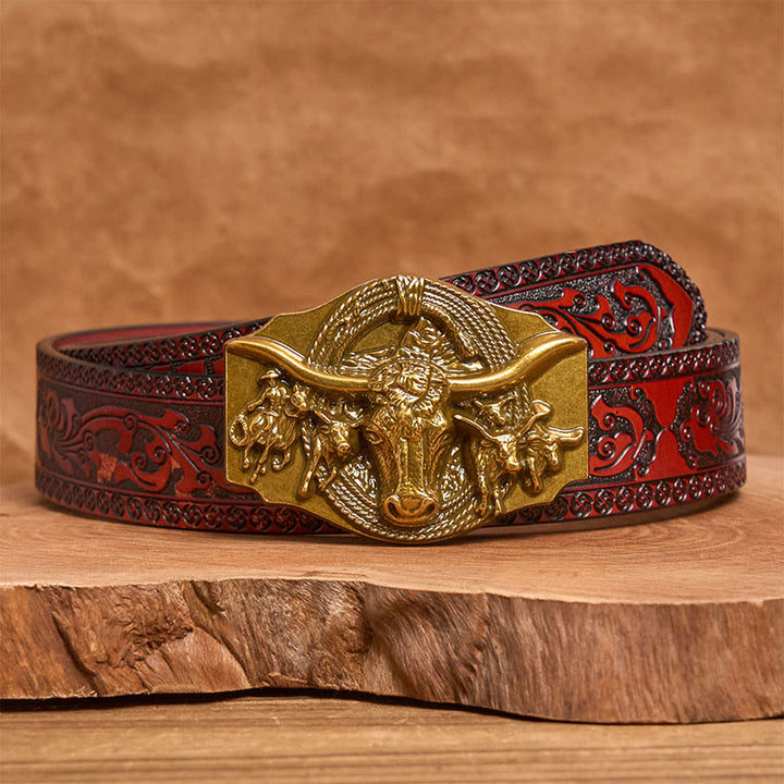Cintura da uomo in pelle con fibbia a testa di toro color oro e argento in stile western - D'oro - Cintura marrone intagliata - 42 - image 12