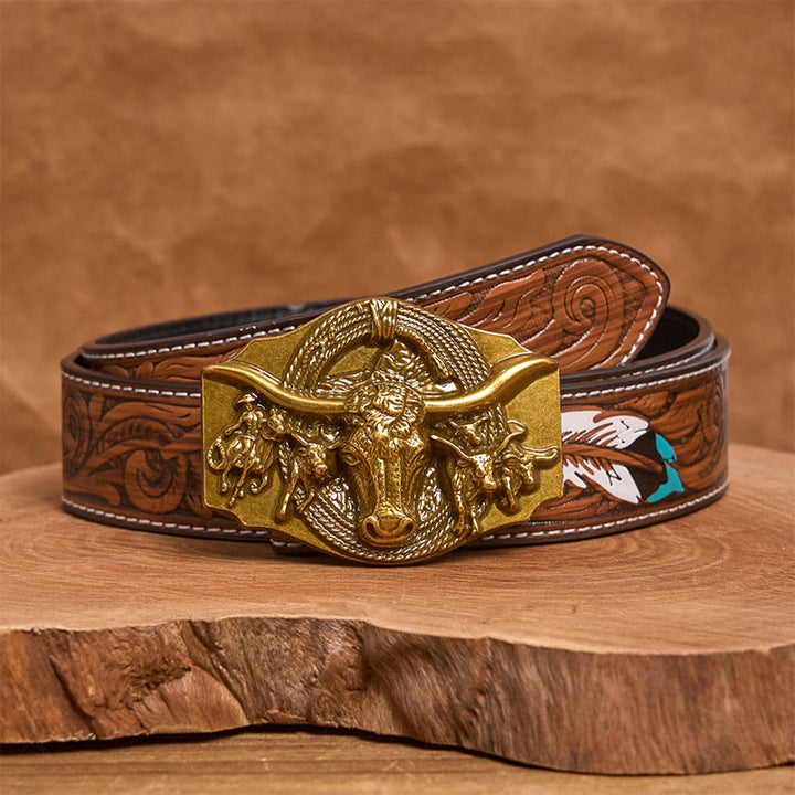 Cintura da uomo in pelle con fibbia a testa di toro color oro e argento in stile western - D'oro - Cintura di piume marroni - 40 - image 14
