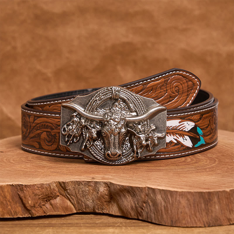 Cintura da uomo in pelle con fibbia a testa di toro color oro e argento in stile western - Argento - Cintura di piume marroni - 40 - image 15