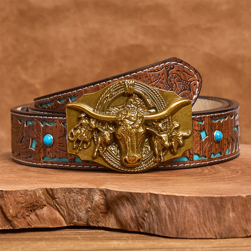 Cintura da uomo in pelle con fibbia a testa di toro color oro e argento in stile western - D'oro - Cintura intagliata turchese - 42 - image 6