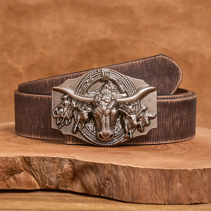 Cintura da uomo in pelle con fibbia a testa di toro color oro e argento in stile western - Argento - Cintura marrone anticata - 42 - image 11