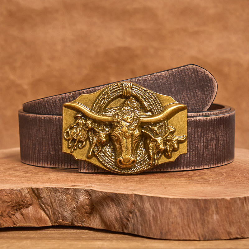 Cintura da uomo in pelle con fibbia a testa di toro color oro e argento in stile western - D'oro - Cintura marrone anticata - 42 - image 10