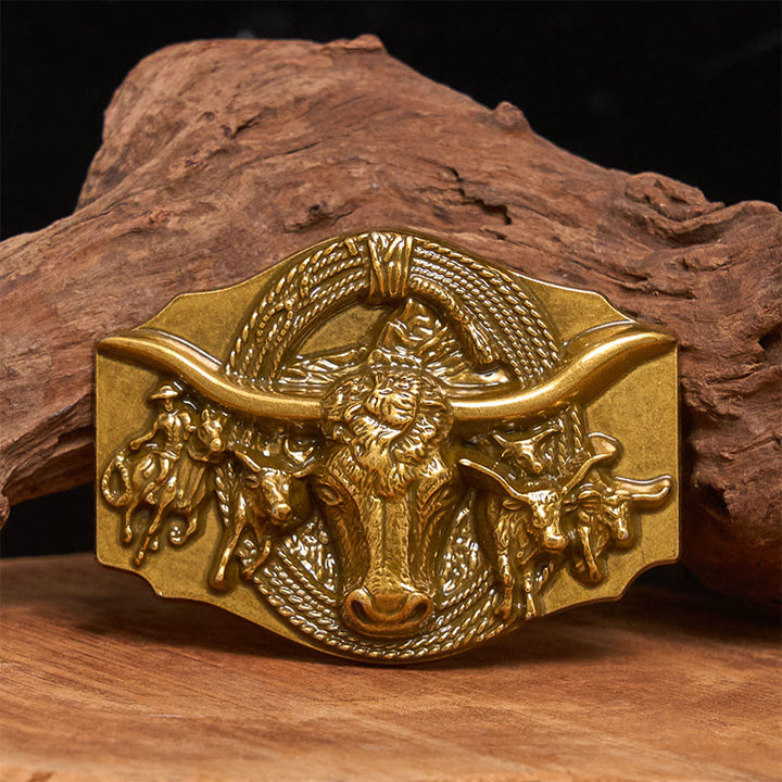 Cintura da uomo in pelle con fibbia a testa di toro color oro e argento in stile western - D'oro - Senza cintura - Cintura non inclusa - image 0