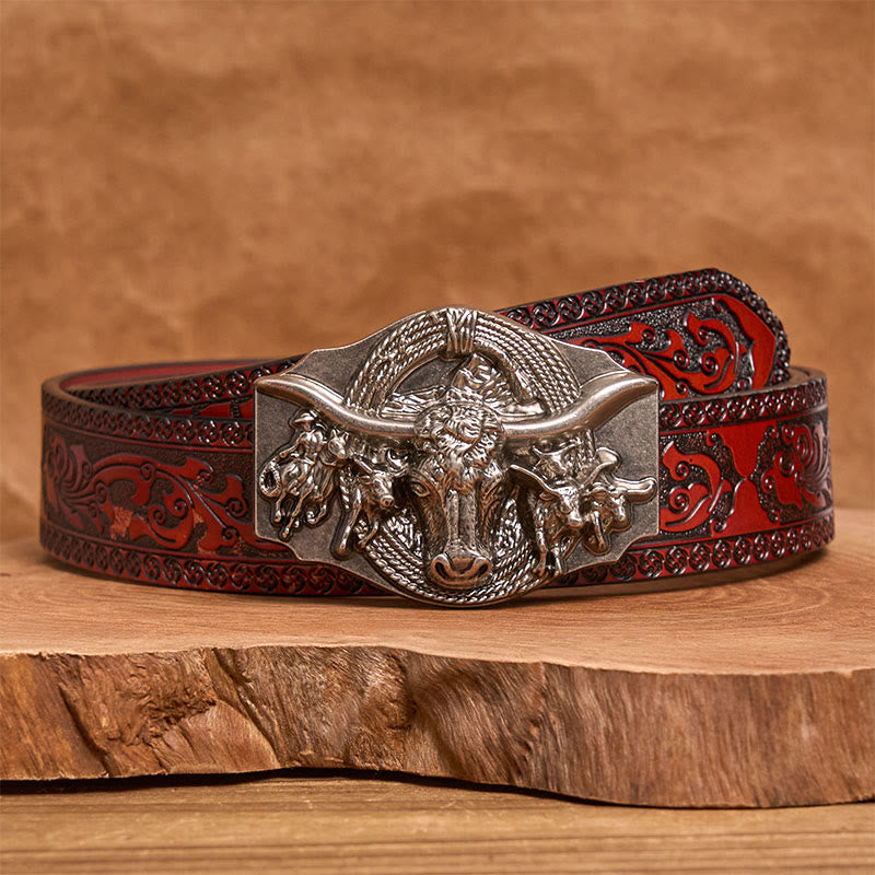 Cintura da uomo in pelle con fibbia a testa di toro color oro e argento in stile western - Argento - Cintura marrone intagliata - 42 - image 13