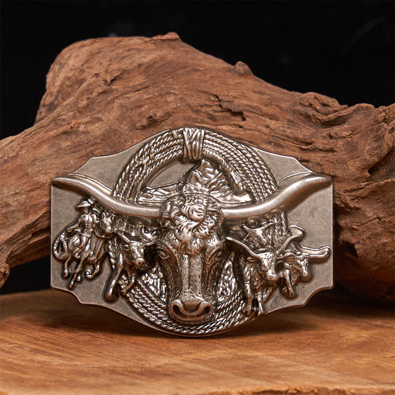 Cintura da uomo in pelle con fibbia a testa di toro color oro e argento in stile western - Argento - Senza cintura - Cintura non inclusa - image 1