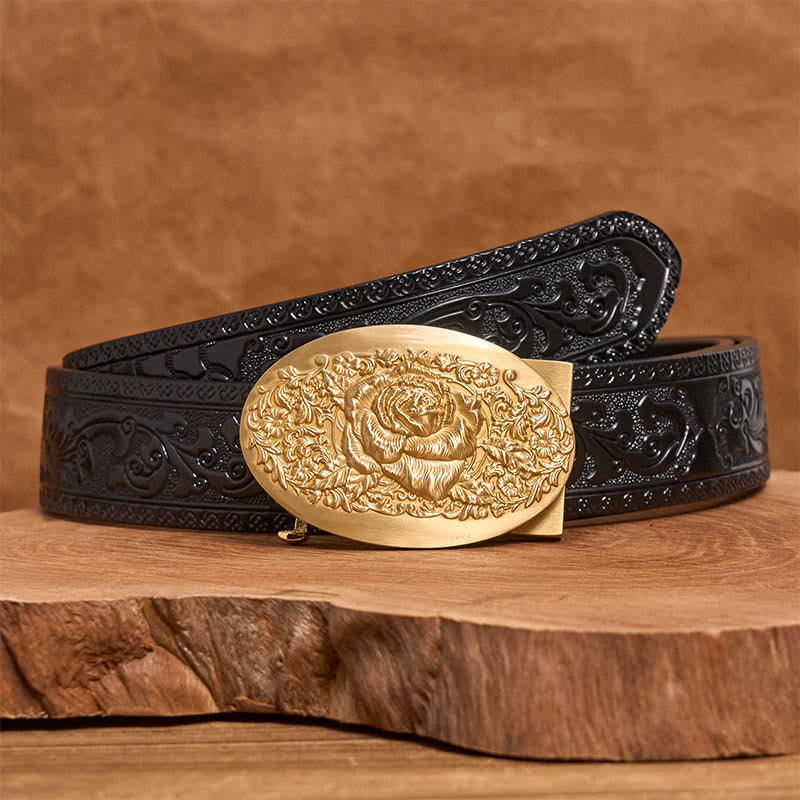Cintura da uomo in pelle con fibbia automatica in metallo ovale color oro rosa - Rosa d'oro - Cintura nera con motivo intagliato (40) - image 5