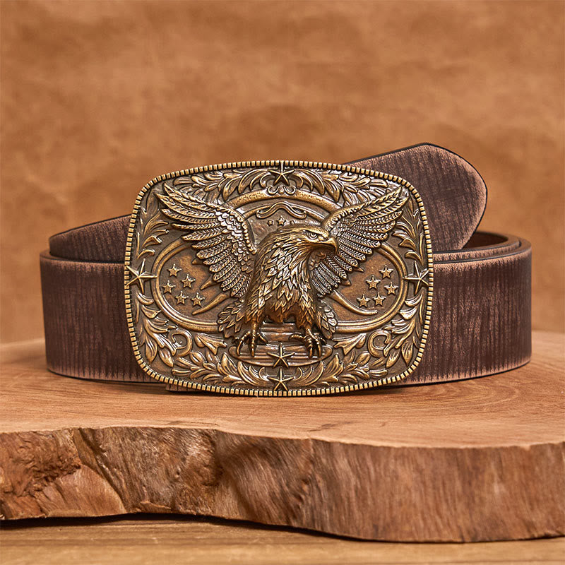Cintura da uomo in pelle con fibbia aquila 3D in bronzo vintage - Bronzo - Cintura marrone anticata - 42 - image 10