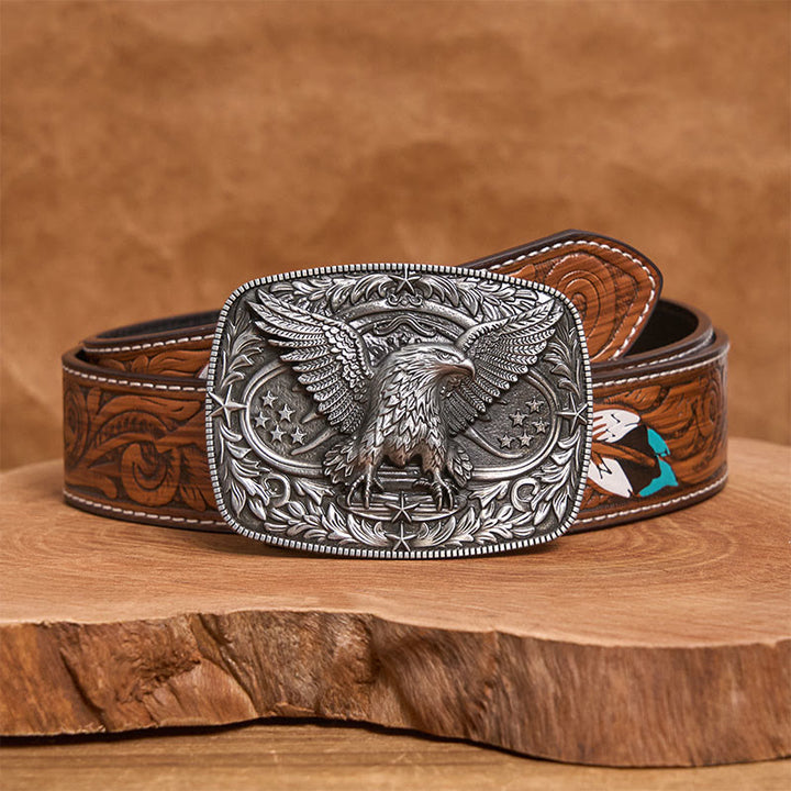 Cintura da uomo in pelle con fibbia aquila 3D in bronzo vintage - Argento - Cintura di piume marroni - 40 - image 15