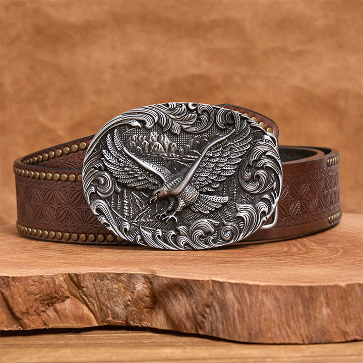 Cintura in pelle con fibbia in rilievo Western Flying Eagle da uomo - Argento - Cintura con rivetti marroni - 42 - image 8
