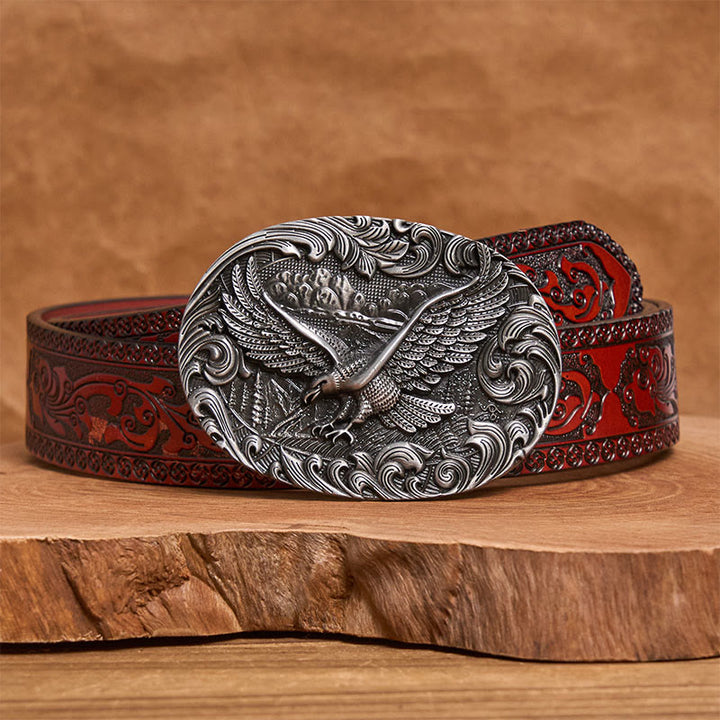 Cintura in pelle con fibbia in rilievo Western Flying Eagle da uomo - Argento - Cintura marrone intagliata - 42 - image 12