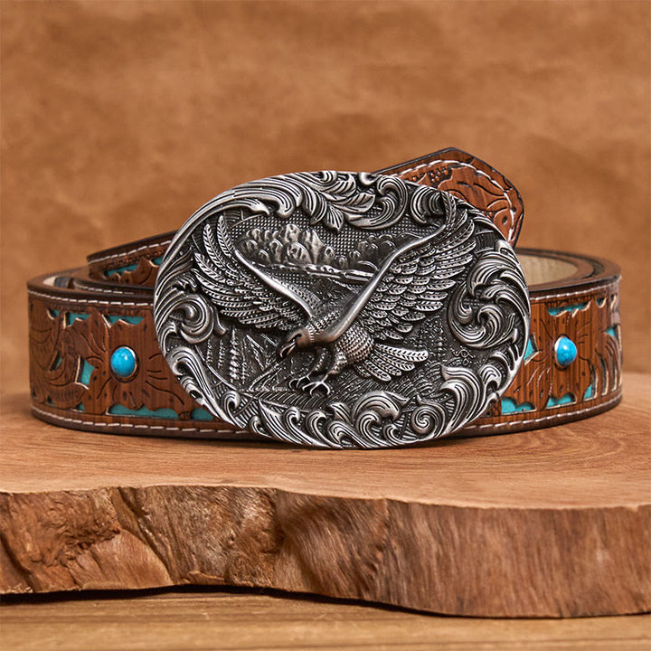 Cintura in pelle con fibbia in rilievo Western Flying Eagle da uomo - Argento - Cintura intagliata turchese - 42 - image 6