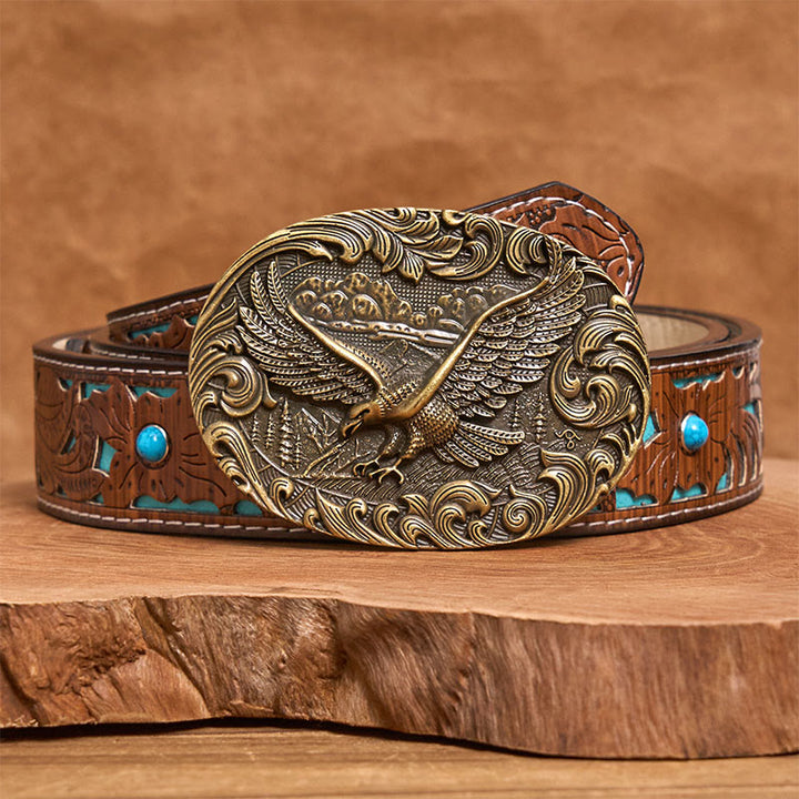 Cintura in pelle con fibbia in rilievo Western Flying Eagle da uomo - Bronzo - Cintura intagliata turchese - 42 - image 7