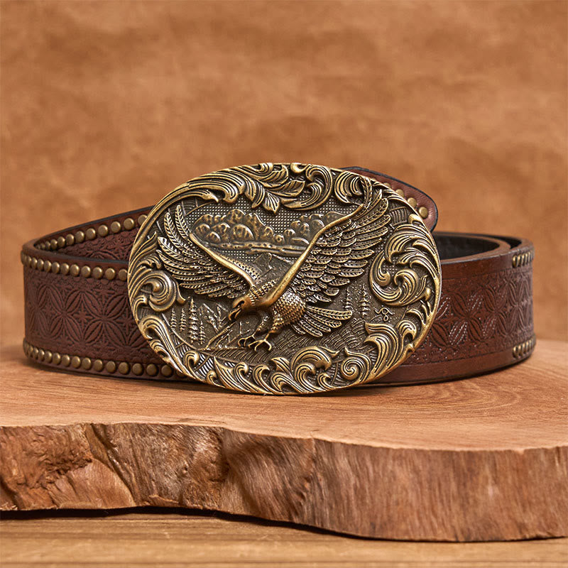 Cintura in pelle con fibbia in rilievo Western Flying Eagle da uomo - Bronzo - Cintura con rivetti marroni - 42 - image 9