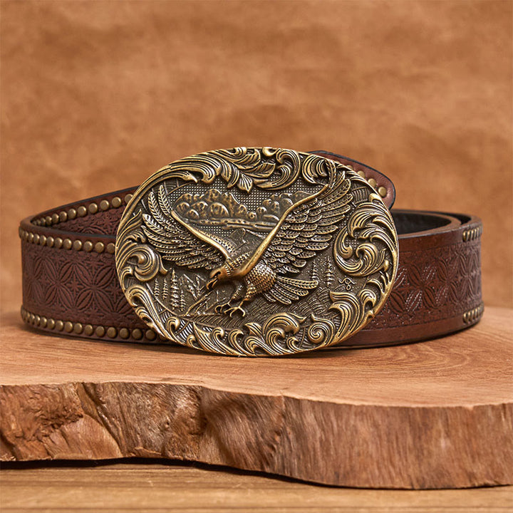 Cintura in pelle con fibbia in rilievo Western Flying Eagle da uomo - Bronzo - Cintura con rivetti marroni - 42 - image 9