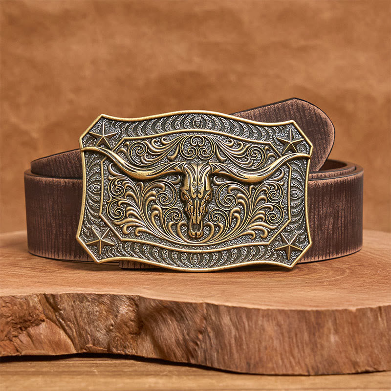 Cintura da uomo in pelle con fibbia decorata con teschio Western Longhorn - Bronzo - Cintura marrone anticata - 42 - image 10