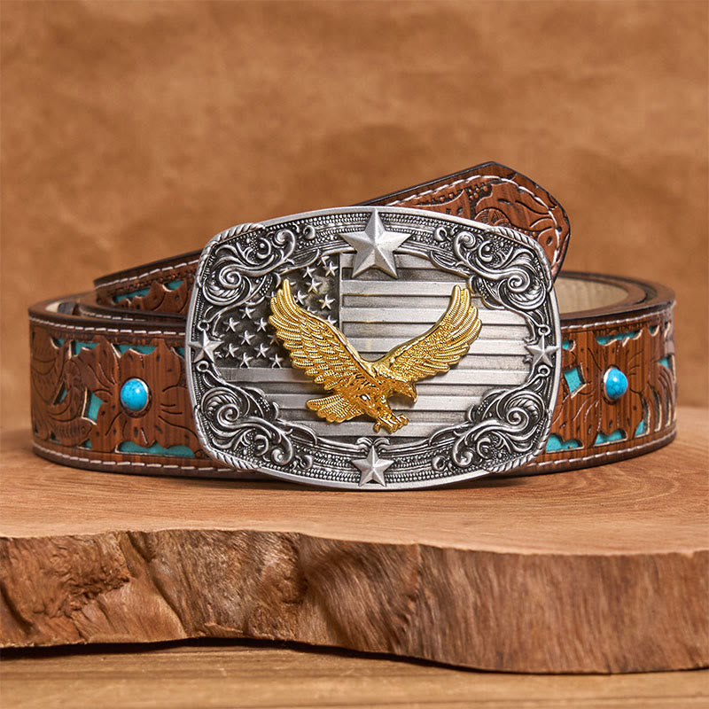 Cintura da uomo in pelle con fibbia a forma di stella e bandiera americana Golden Eagle - Cintura intagliata turchese - 42 - image 3