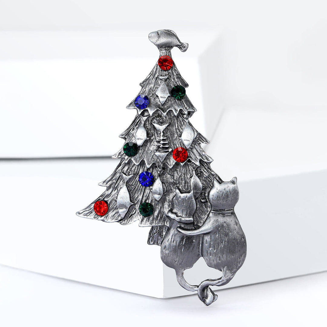 Spilla bicolore con albero di Natale smaltato con gatto e pesce - image 8