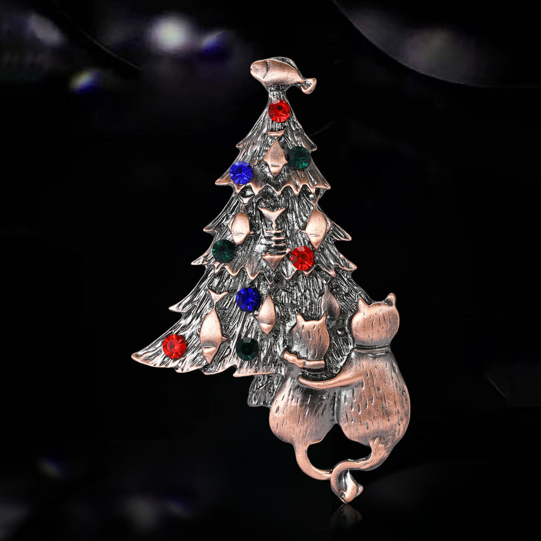 Spilla bicolore con albero di Natale smaltato con gatto e pesce - Oro - image 4