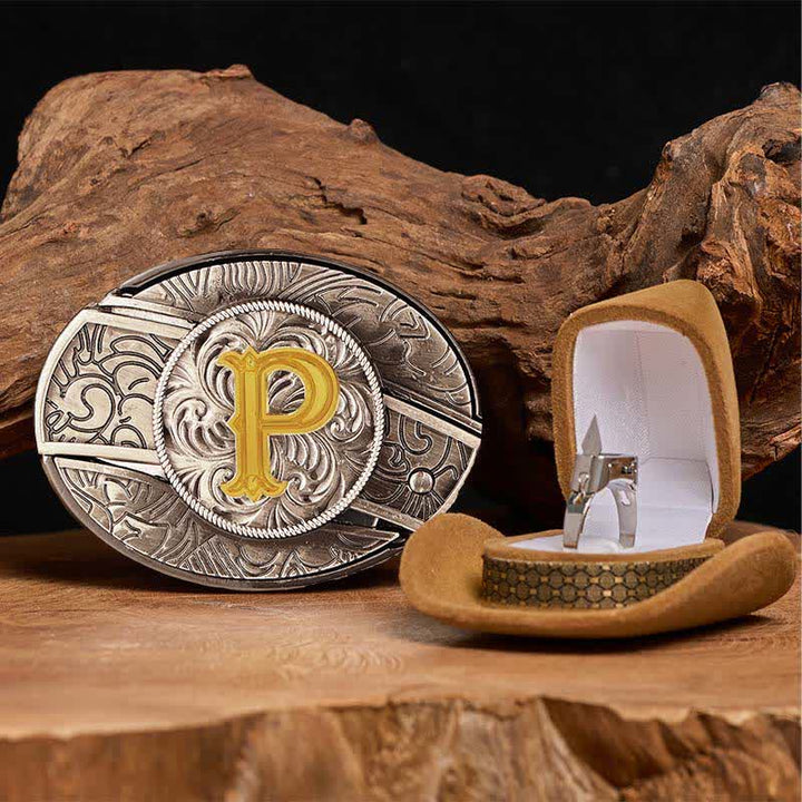 Set di anelli funzionali con fibbia per cintura con coltello nascosto fai da te e lettera iniziale - P - Senza cintura - image 21