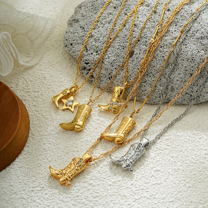 Collana con ciondolo a forma di stella con stivale da cowboy dorato in stile western - image 2