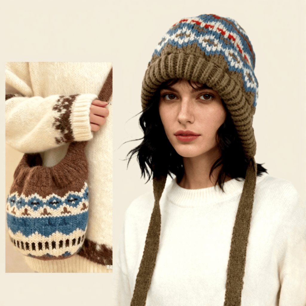 Borsa a tracolla da donna con cappello lavorato a maglia e fantasia retrò, multiuso - image 0