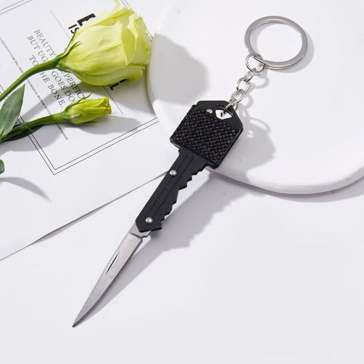 Portachiavi a forma di coltello pieghevole con strass brillanti - Nero - image 2