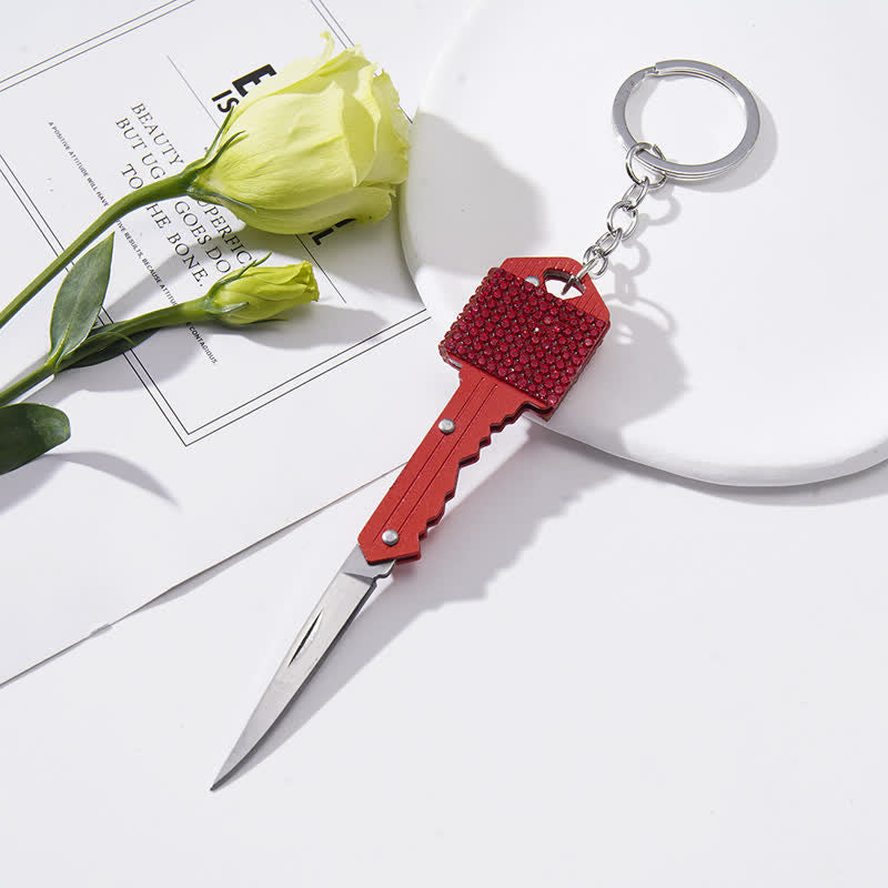 Portachiavi a forma di coltello pieghevole con strass brillanti - Rosso - image 3