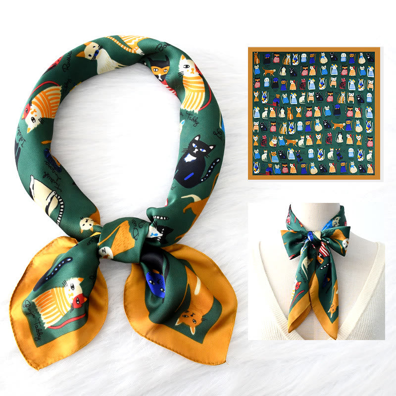 Sciarpa quadrata sottile per tutte le stagioni con motivo a gatto carino da donna - Verde - image 1
