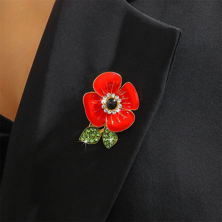 Spilla con bordo dorato a forma di foglia di papavero rosso brillante, decorata con cristalli scintillanti e petali lucidi - image 3