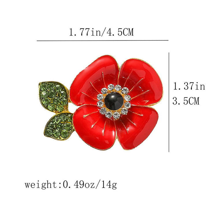 Spilla con bordo dorato a forma di foglia di papavero rosso brillante, decorata con cristalli scintillanti e petali lucidi - image 5