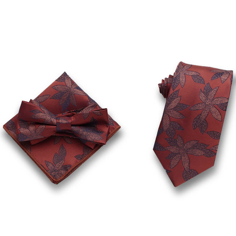 Set da uomo formale con 3 pezzi di papillon in raso con motivo a foglie delicate e fazzoletto da taschino - Stile n. 6 - image 5