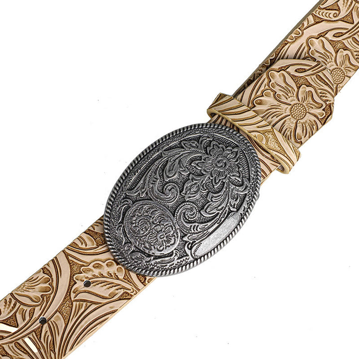 Cintura da uomo in pelle con fibbia ovale intagliata in argento retrò - image 3