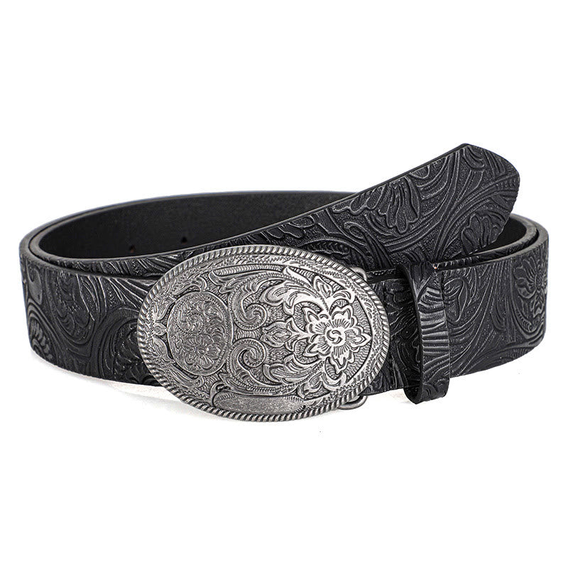 Cintura da uomo in pelle con fibbia ovale intagliata in argento retrò - Nero - 40 - image 7