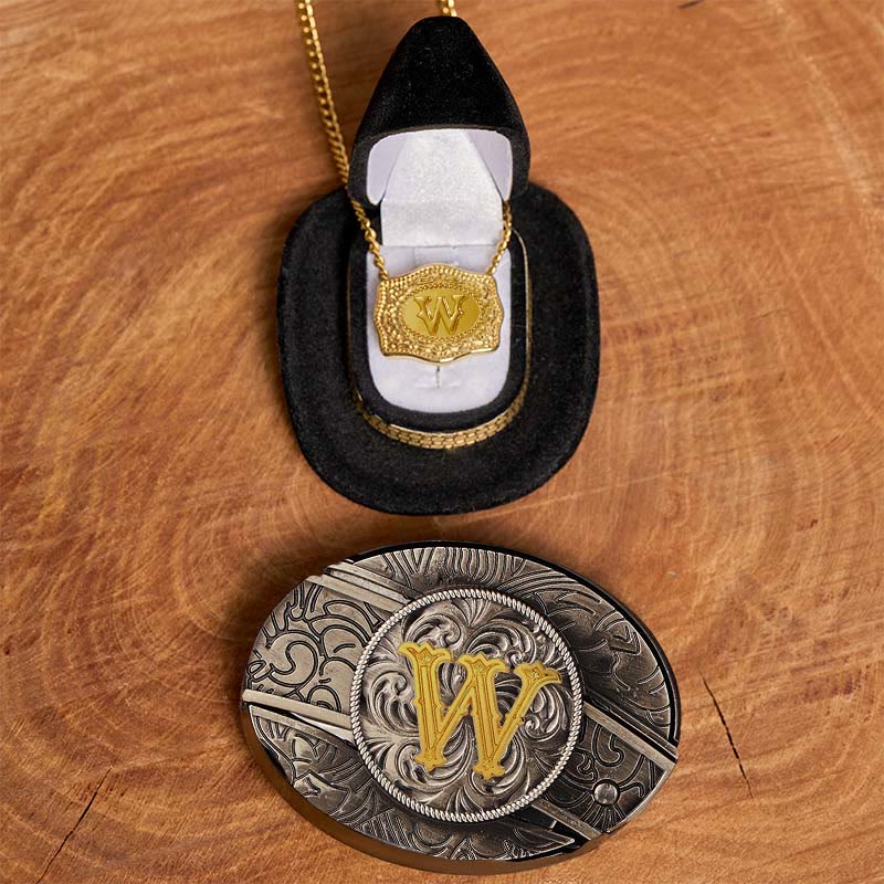Set di collana in oro con fibbia per cintura con coltello nascosto fai da te e lettera iniziale - W - Senza cintura - image 28
