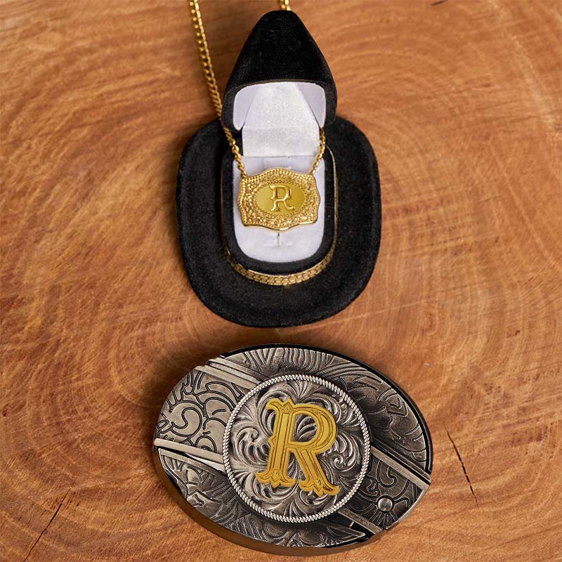 Set di collana in oro con fibbia per cintura con coltello nascosto fai da te e lettera iniziale - R - Senza cintura - image 23