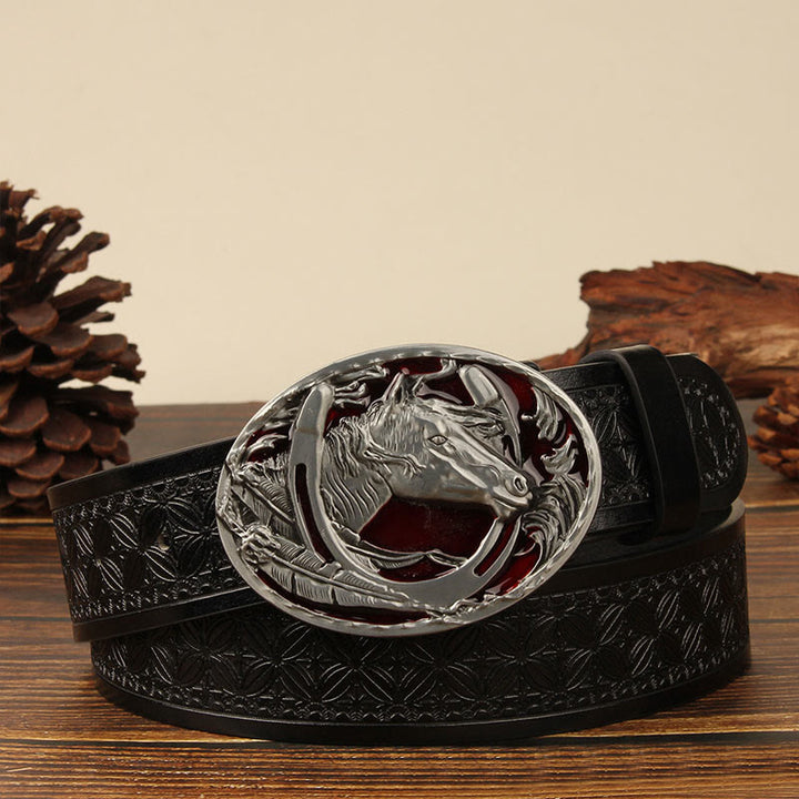 Cintura da uomo in pelle con intaglio a testa di cavallo e ferro di cavallo in argento - Cavallo Rosso - Nero #2 - 44 - image 2