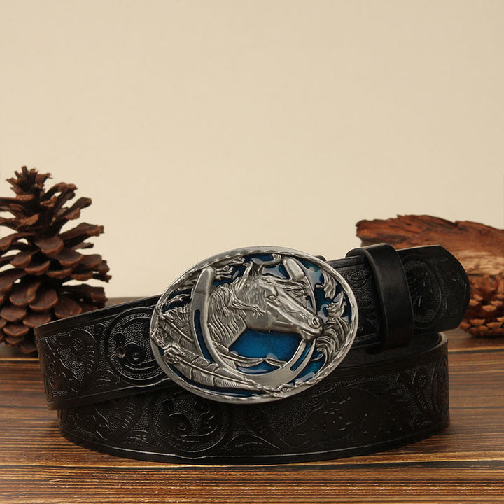 Cintura da uomo in pelle con intaglio a testa di cavallo e ferro di cavallo in argento - Cavallo blu - Nero n. 1 - 44 - image 6