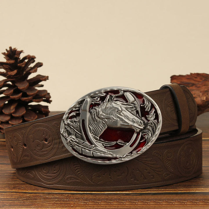 Cintura da uomo in pelle con intaglio a testa di cavallo e ferro di cavallo in argento - Cavallo Rosso - Marrone - 44 - image 0
