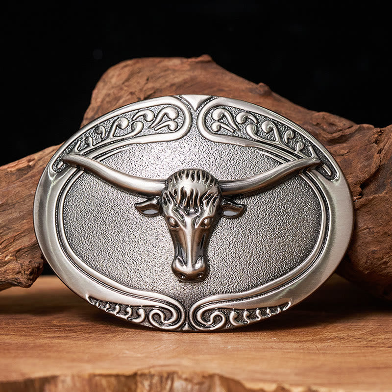 Cintura da uomo in pelle con fibbia intagliata a forma di testa di toro in argento - Senza cintura - Cintura non inclusa - image 0