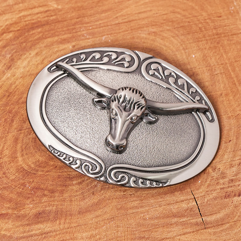 Cintura da uomo in pelle con fibbia intagliata a forma di testa di toro in argento - image 1