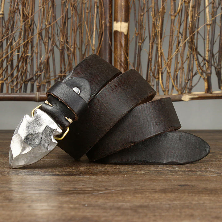 Cintura da uomo in pelle con fibbia a freccia triangolare in argento anticato retrò - Caffè - 46 - image 6